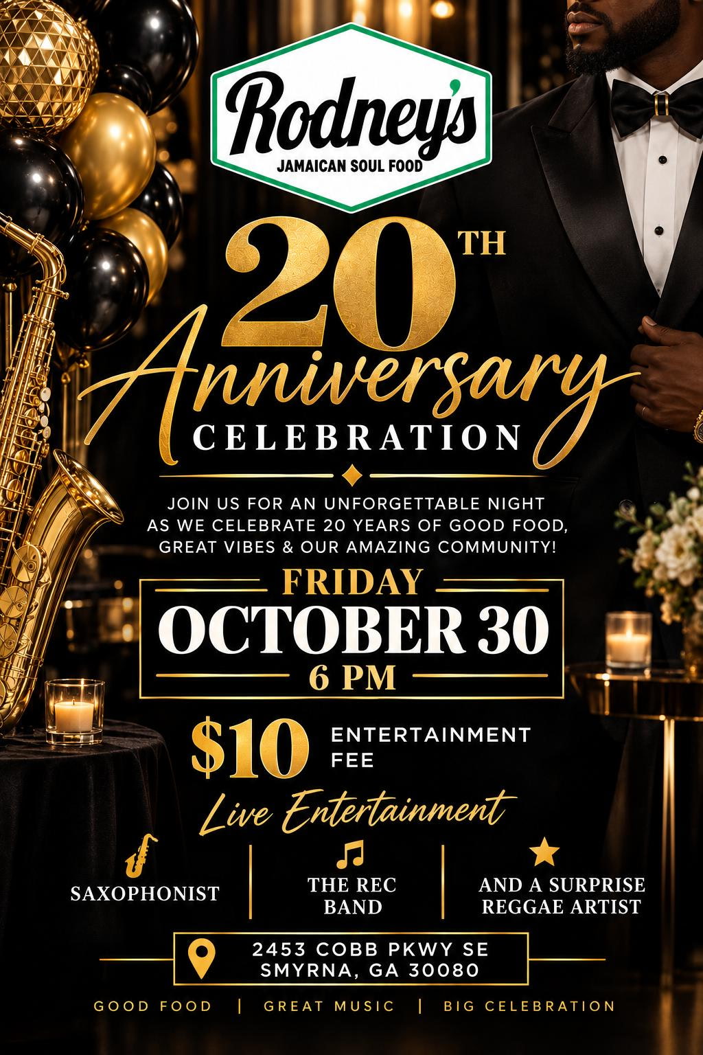 Rodney's 20th anniversary celebration on Friday, October 30 at 6 PM with a live saxophonist, The REC Band and a surprise reggae artist